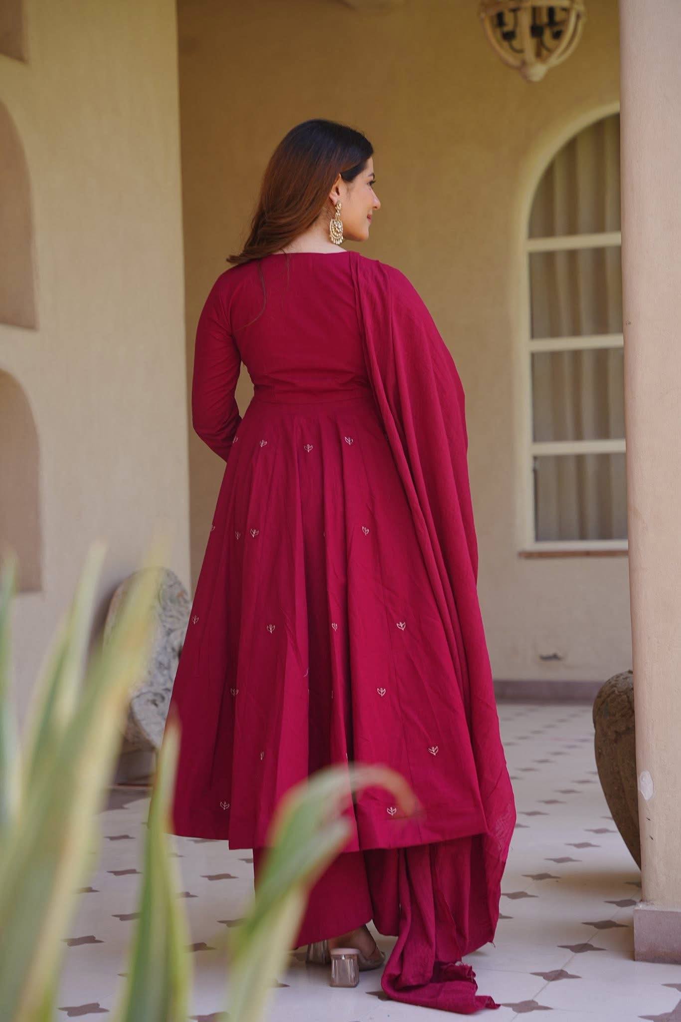 Rich Magenta Maroon Flared Anarkali Suit Set Adorned with Delicate Scattered Floral Embroidery and an Elegant V-Neckline